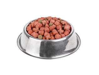 iron plate with dry food for dogs of medium breeds