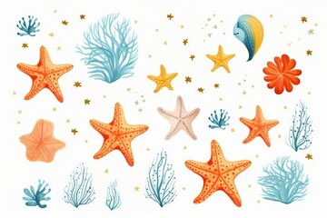 Fototapeta na wymiar Sea animals and plants, a set of cartoon doodles with hand-drawn elements of marine life, illustration.