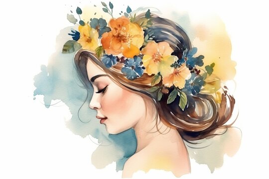 Beautiful girl with flowers in her hair, fashionable illustration, isolated background, watercolor painting. 