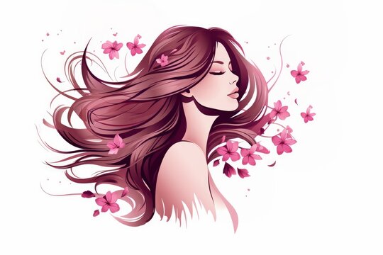 A beautiful girl with flowers in her long hair, a simple flat illustration in pink tones on a white isolated background. Design concept for beauty salons, cosmetics, hairdressing, fashion, logo. 