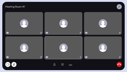 Video conference overlay. Online meeting UI elements, webinar screen with participants and speaker, video call with chat. Vector mockup