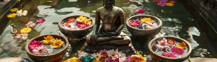 High-angle view of a Buddha statue surrounded by water bowls filled with floral offerings
