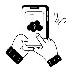 Uploading data to mobile cloud, doodle style icon 