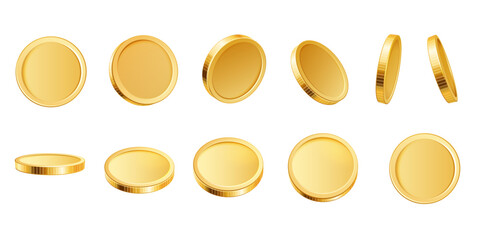3D golden coins. Realistic blank yellow brass or gold coin different views. Payment and investment, bank and finance, money symbol isolated vector set. Glossy rotating currency animation