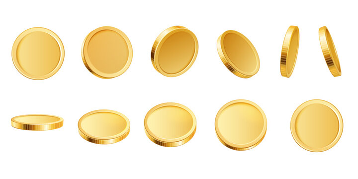 3D golden coins. Realistic blank yellow brass or gold coin different views. Payment and investment, bank and finance, money symbol isolated vector set. Glossy rotating currency animation