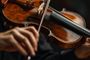 A person is playing a violin, and the image conveys a sense of elegance and sophistication. The person's hand is skillfully holding the instrument, and the violin itself is a beautiful