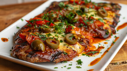 Succulent argentinian matambre steak topped with pizza ingredients, served on a white plate - obrazy, fototapety, plakaty