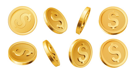 3D golden dollar coins. Realistic gold coin dollars different views. Gambling money saving and banking, investment financial cash symbol isolated vector set. Winning in lottery or casino