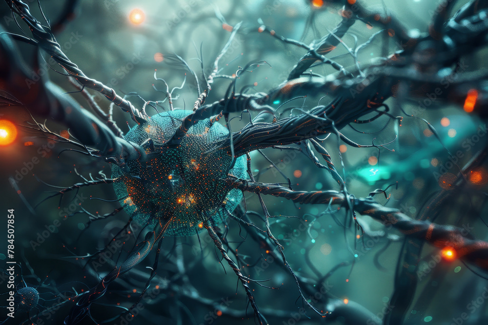 Poster a close up of a green and blue brain with many small glowing lights. concept of complexity and wonde