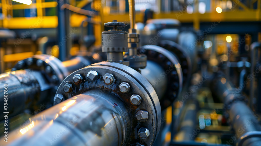 Poster a large pipe with a valve on it. the valve is black and has a silver cap. the pipe is surrounded by 