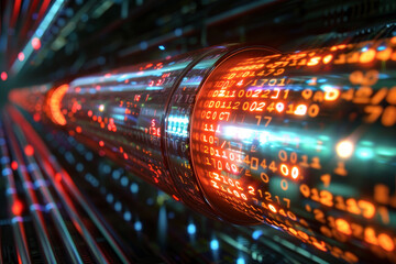 A long, glowing, colorful cable with numbers and letters on it. The cable is surrounded by a red and blue background