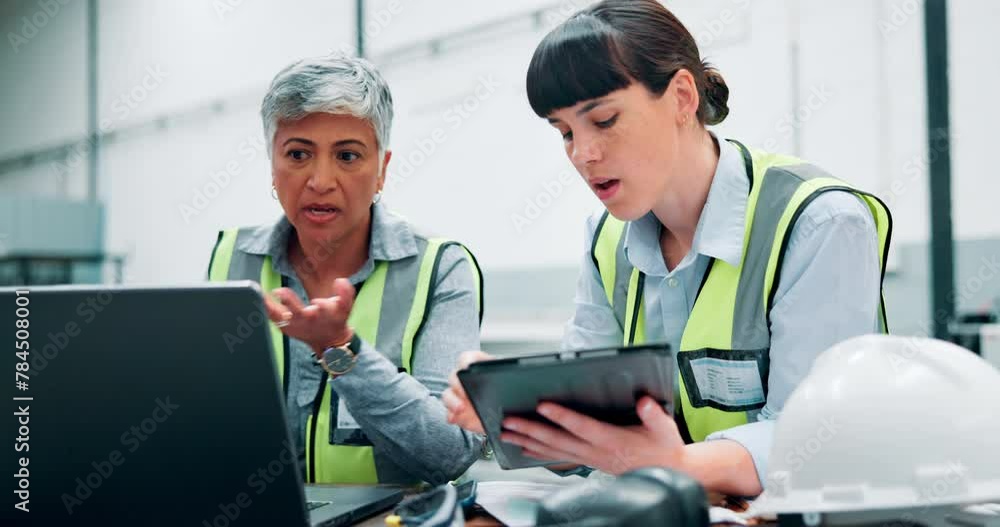 Poster tablet, computer and manager with engineer on site with research for maintenance, repairs or buildin