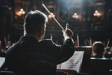 A conductor is directing a symphony orchestra. The conductor is holding a baton and pointing to the right. The orchestra is seated in rows, with some of the musicians looking up at the conductor
