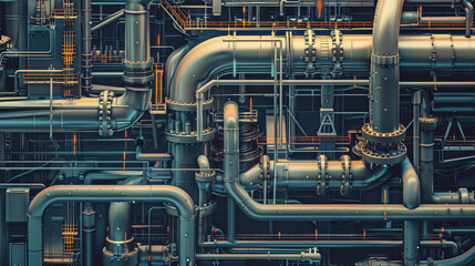 A close up of a large industrial plant with many pipes and valves. Concept of complexity and machinery, with the various pipes and valves indicating a highly technical and industrial environment