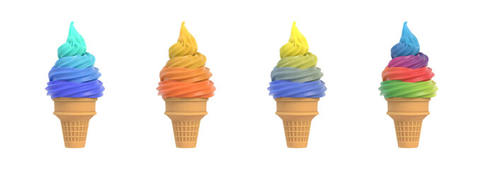 Colorful frozen yogurt icecream in waffle cone. Isolated on white background. Delicious flavor summer dessert. Graphic design element for advertisement, menu, scrapbook, poster, flyer. 3D illustration - 784508073