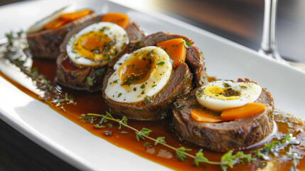 Sliced argentine beef with boiled eggs and carrots in a savory sauce, garnished with herbs