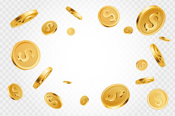 Realistic gold coins. Golden coins explosion backdrop, casino jackpot cash money concept, shiny 3D gold treasure vector background illustration. Precious prize in casino, having luck. Shiny money rain