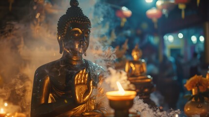 Moody lighting over a Buddha statue with incense smoke curling around during a nighttime Songkran celebration