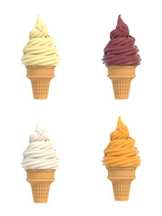Soft ice icecream in waffle cone set. Isolated on white background. Delicious flavor summer dessert. Graphic design element for advertisement, menu, scrapbooking, poster, flyer. 3D illustration - 784508270