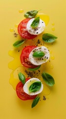Top view of small portion of caprese salad on yellow background