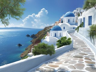 A blue and white building with a blue dome sits on a stone walkway overlooking the ocean. The scene is serene and peaceful, with the water and sky providing a calming backdrop