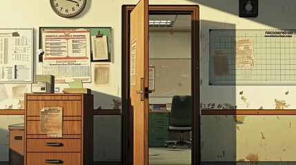 The CEOs office, door ajar, reveals a layer of dust on what used to be a place of decisions and leadership, seen in abandoned closeup