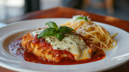 Traditional argentinian milanesa with cheese on top, served with spaghetti and tomato sauce - obrazy, fototapety, plakaty