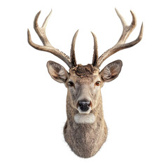 Extreme front view of realistic deer head which is mounted on a wall isolated on a white transparent background