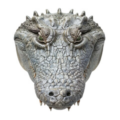 Extreme front view of realistic crocodile head which is mounted on a wall isolated on a white transparent background