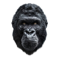 Extreme front view of realistic gorilla head which is mounted on a wall isolated on a white transparent background