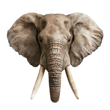 Extreme front view of realistic elephant head which is mounted on a wall isolated on a white transparent background