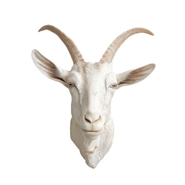 Extreme front view of realistic goat head which is mounted on a wall isolated on a white transparent background