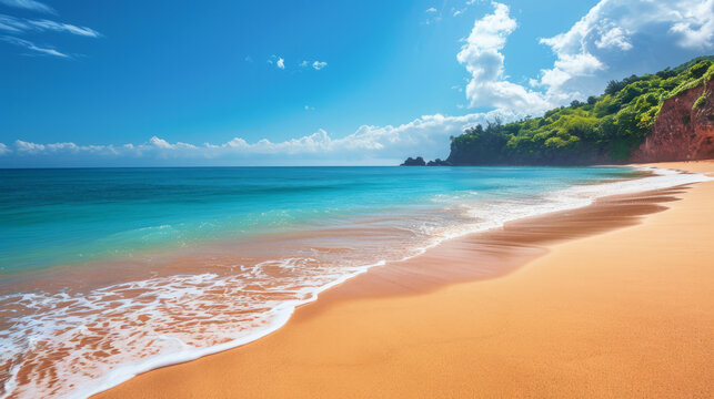 Golden sands stretch along a picturesque shoreline, creating a breathtaking beach paradise.