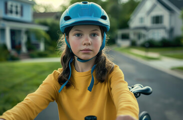 Fototapeta na wymiar Photo of a young girl wearing a yellow long-sleeved shirt and blue helmet, riding her bike on the street in front of the yard
