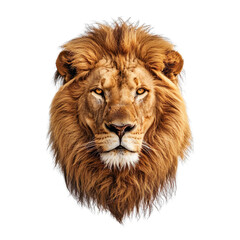 Fototapeta premium Extreme front view of realistic lion head which is mounted on a wall isolated on a white transparent background