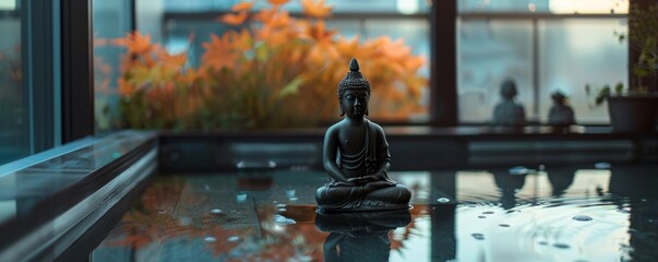 Quiet morning ritual of bathing a small Buddha statue in a minimalist city apartment