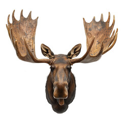 Extreme front view of realistic moose head which is mounted on a wall isolated on a white transparent background