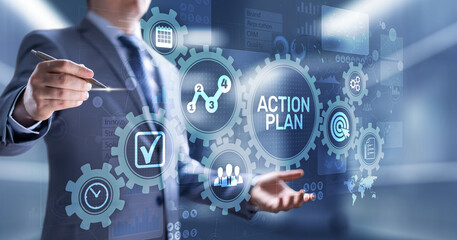 Action plan business strategy development concept on virtual screen.