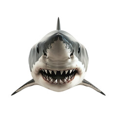 Extreme front view of realistic shark head which is mounted on a wall isolated on a white transparent background
