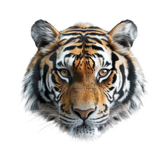 Obraz premium Extreme front view of realistic tiger head which is mounted on a wall isolated on a white transparent background