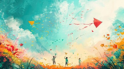 banner background National Bengali New Year (Poila Baisakh) Day theme, and wide copy space, A playful scene of children flying kites in a vibrant Poila Baisakh sky - obrazy, fototapety, plakaty
