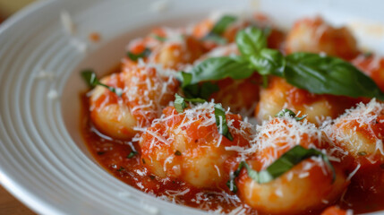 Close-up of traditional argentine gnocchi with tomato sauce, basil, and parmesan cheese - obrazy, fototapety, plakaty