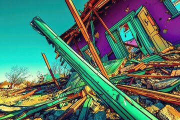 The remnants of homes, torn apart by the disaster, lay scattered, each piece a story of sudden change, observed in poignant closeup - obrazy, fototapety, plakaty