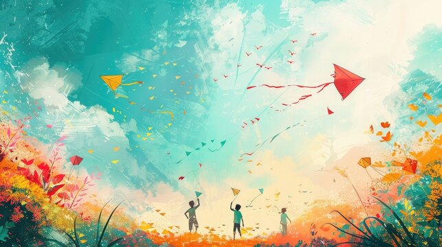 banner background National Bengali New Year (Poila Baisakh) Day theme, and wide copy space, A playful scene of children flying kites in a vibrant Poila Baisakh sky