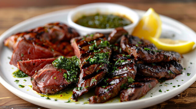 Delicious traditional argentine chorizo sausages on a plate, served with chimichurri sauce and lemon