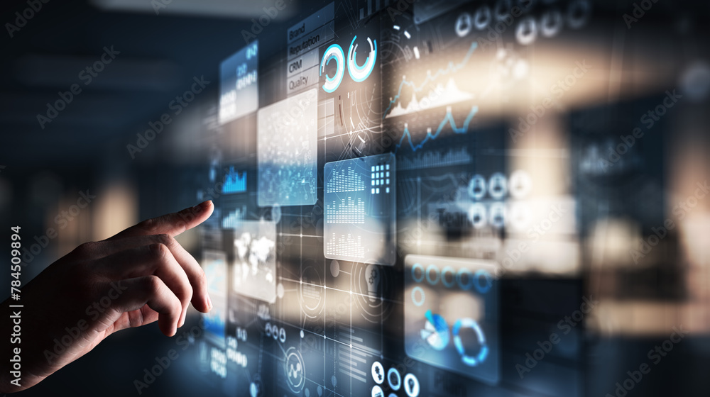 Aufkleber business intelligence analyst dashboard on virtual screen. big data graphs charts.