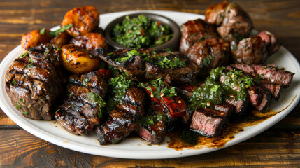Delectable argentine grilled meat assortment with chimichurri