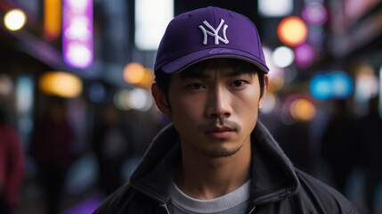 Closeup portrait of an attractive young Japanese man in street full of bright glowing neons in the background