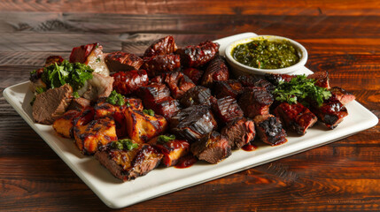 Hearty platter of argentinian asado with various grilled meats and chimichurri sauce - obrazy, fototapety, plakaty