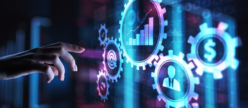 Business process management, automation workflow, document validation, connected gear cogs with icons, technology concept.